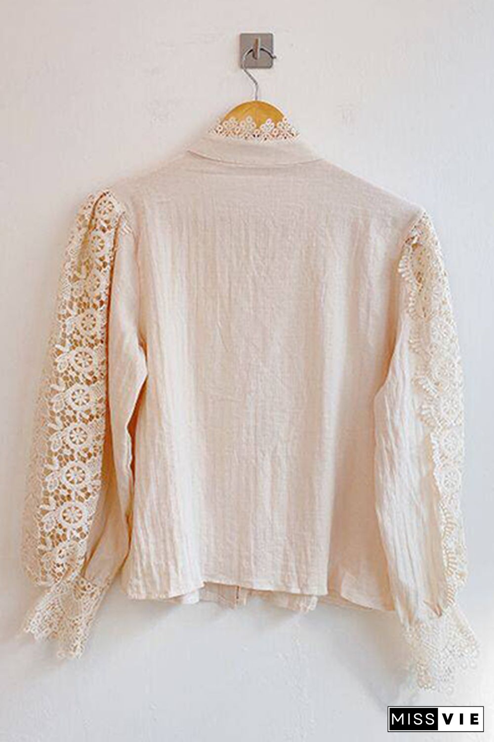 Elegant Patchwork Lace Hollowed Out Buckle Mandarin Collar Blouses(3 Colors)