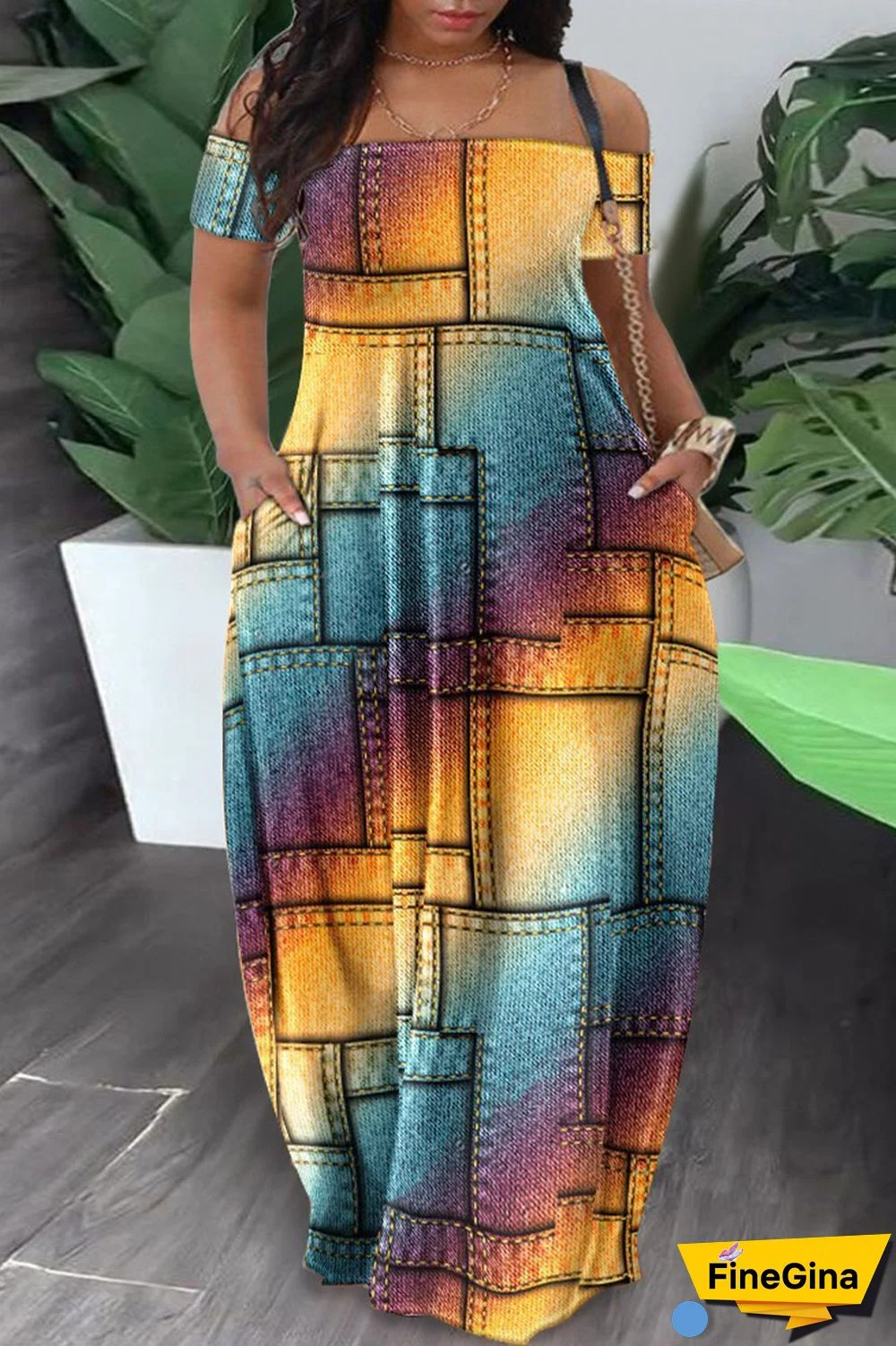 Army Green Casual Print Patchwork Pocket Off the Shoulder Lantern Dress Dresses