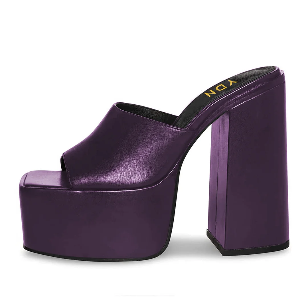 Vegan Leather Wide Band Platform Block Heel Mules in Purple 