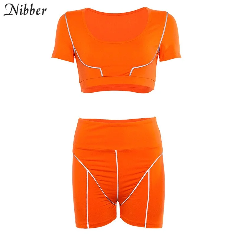 Nibber fashion neon color Reflective Active Wear womens 2pieces sets summer stretch Slim Reflective crop tops femme shorts suits