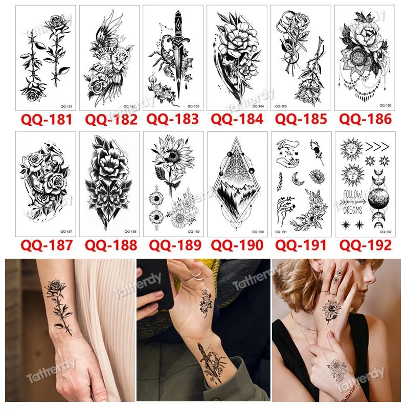 12Pcs/Set Waterproof Temporary Tattoo Sticker Small Rose Daisy Peony Flash Tatoo Flower Hand Ankle Wrist Fake Tatto For Body Art