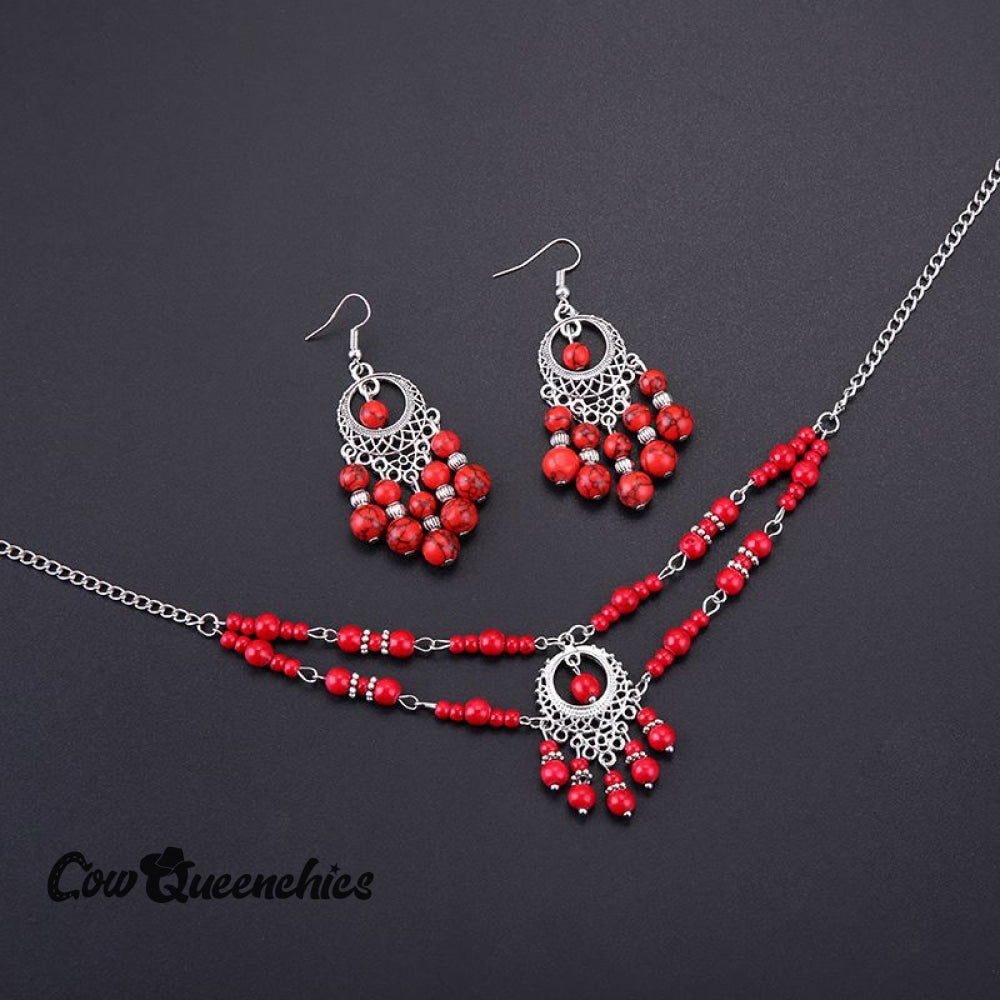 Vintage Tassel Necklace Earrings Set Red / One-Size
