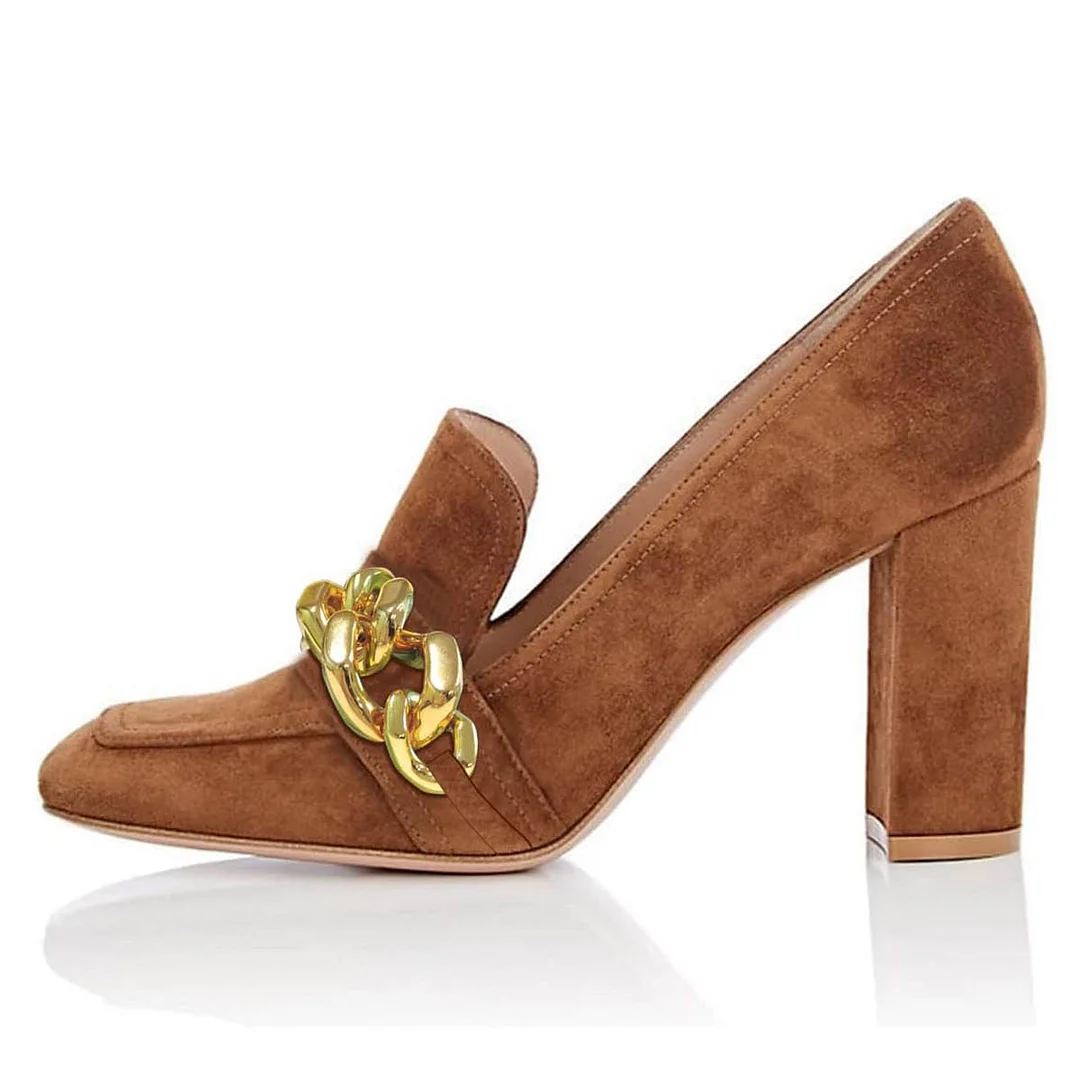 Brown Vegan Suede Chain Chunky Heeled Loafers with Square Toe