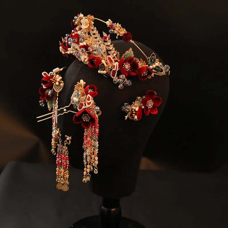Red Vintage Chinese Phoenix Crown Bridal Pearl Velvet Flower Tassel Cheongsam Headdress Set