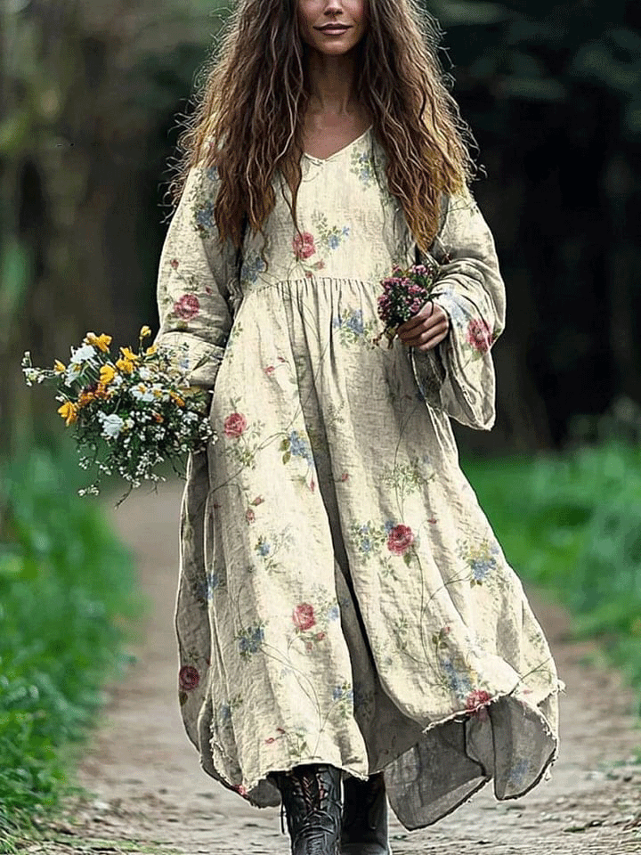 Women's Vintage Lovely Floral Art Print Pocket Cotton Dress