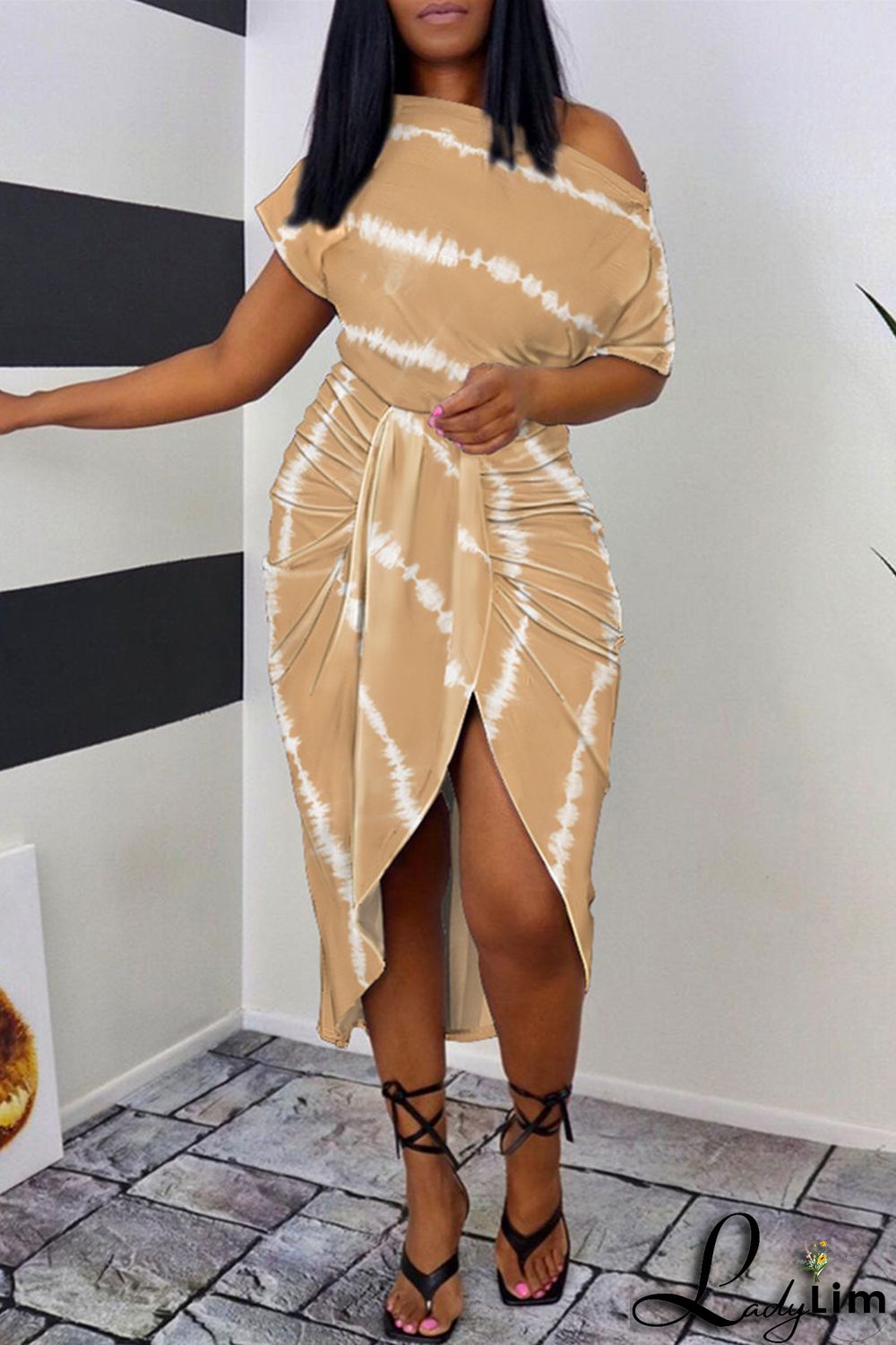 Lake Blue Fashion Casual Print Patchwork Oblique Collar Short Sleeve Dress