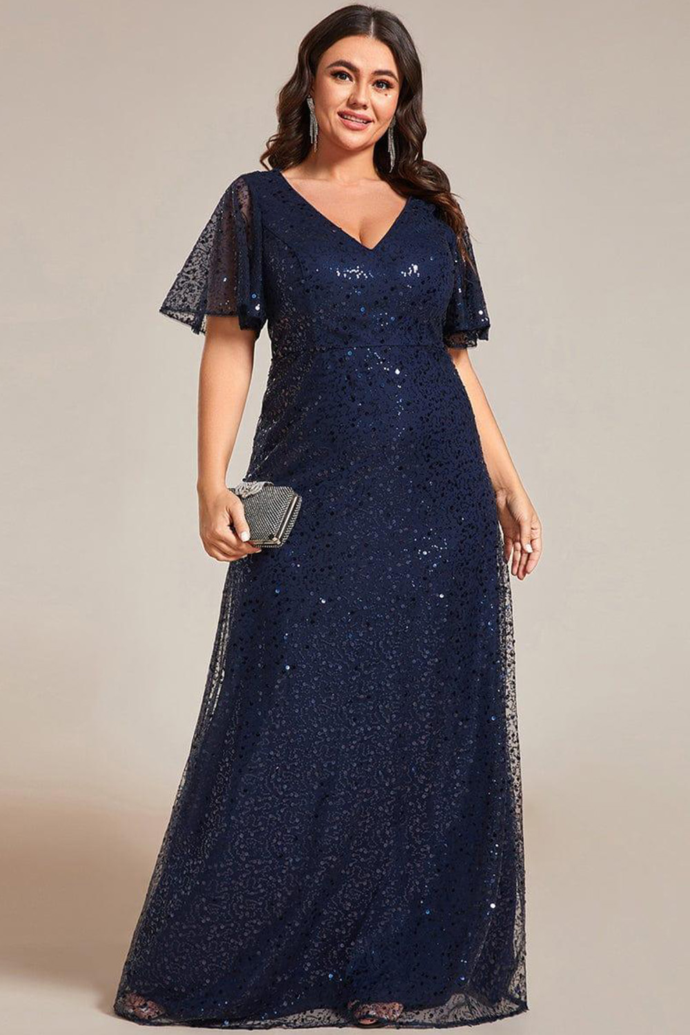 Plus Size Formal Navy Blue Sequin Flutter Sleeve Maxi Dress 2024 - Flycurvy 