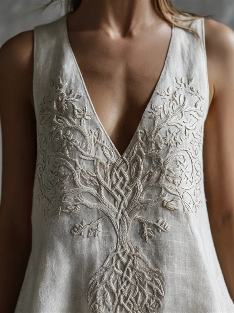 Vintage Celtic Tree Of Life Embroidered Linen Tank Top