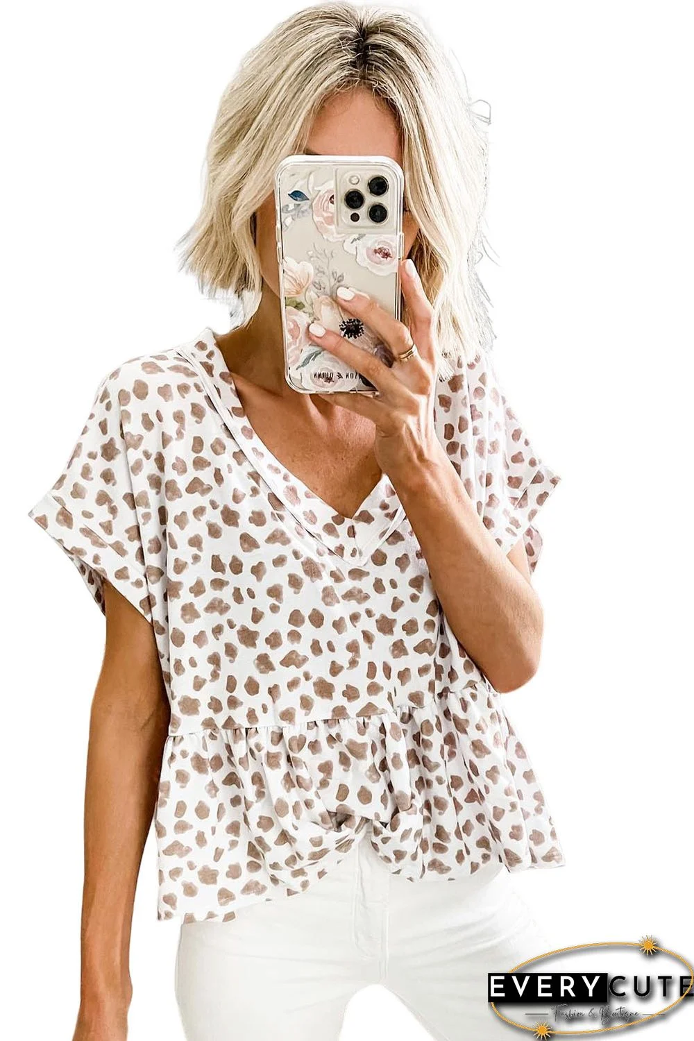 Leopard V Neck Short Sleeve Peplum Top