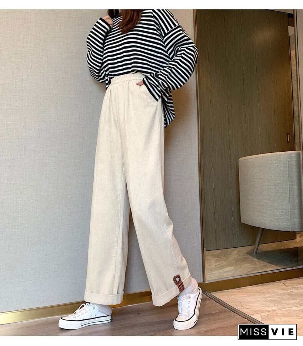 Vintage Baggy Corduroy Pants Women Korean Elastic Waist Straight Trousers Female Wide Leg Solid Pockets Pants Spring Autumn New