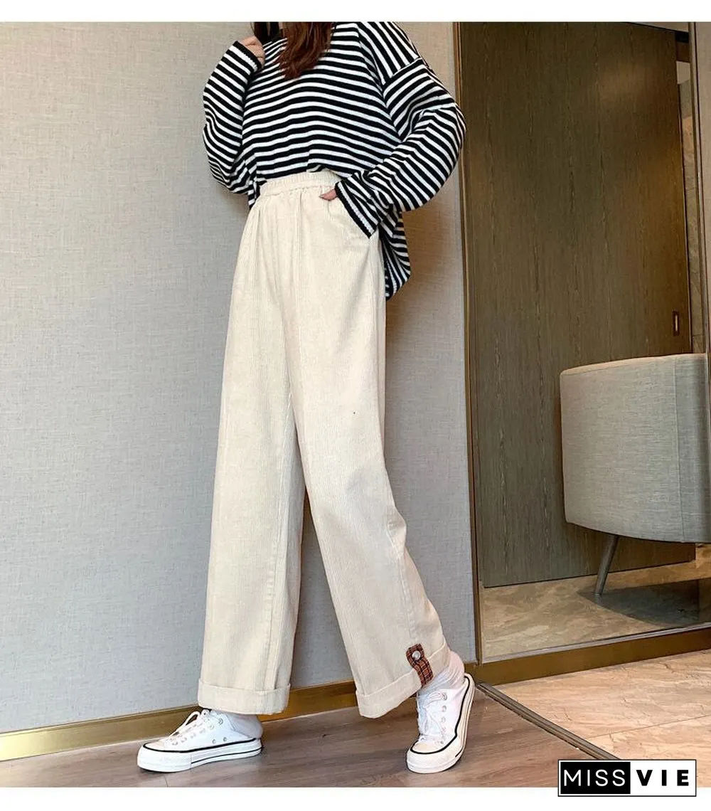 Vintage Baggy Corduroy Pants Women Korean Elastic Waist Straight Trousers Female Wide Leg Solid Pockets Pants Spring Autumn New