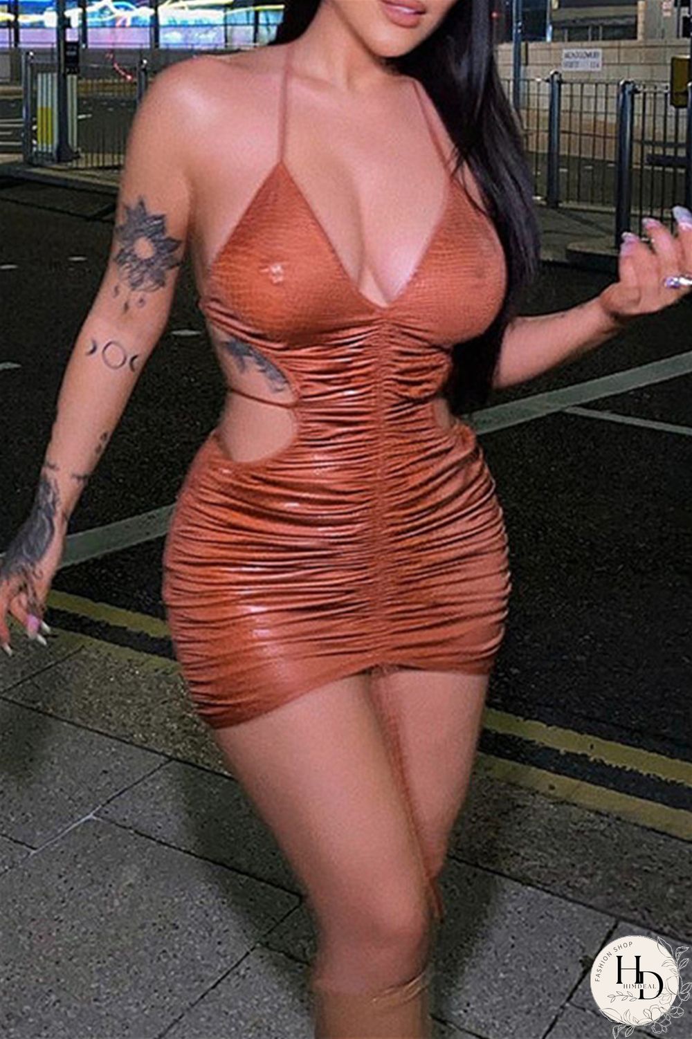 Brown Sexy Solid Bandage Draw String Backless Halter Sling Dress