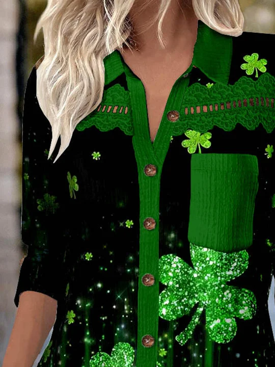 Women 3/4 Sleeve Shirt Collar Four Leaf Clover Printed Graphic Lace Button Pockets Tops