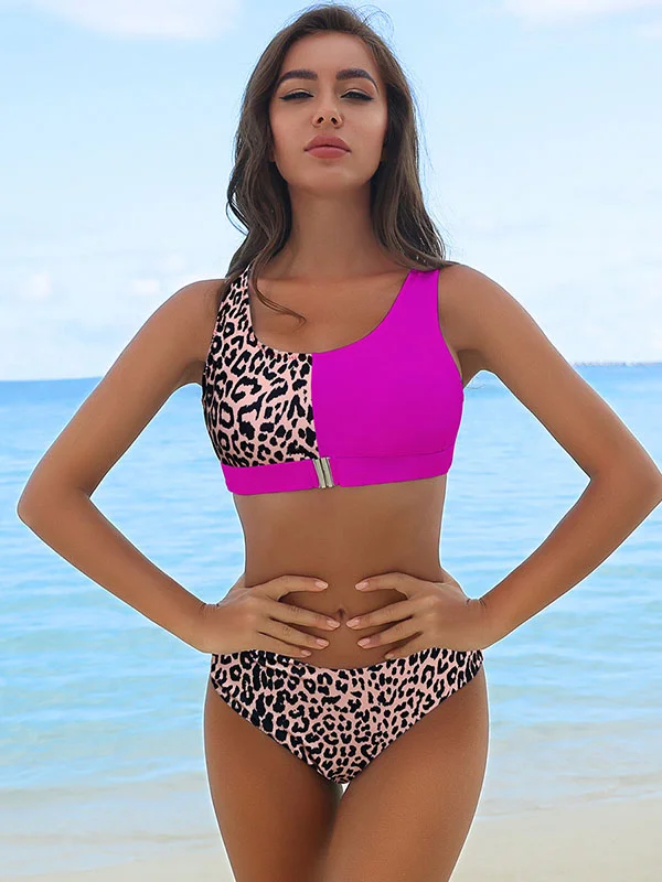 Contrast Color Leopard U-Neck Bralette Brazilian Bikini Swimwear