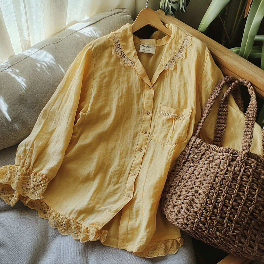  Elegant Yellow Lace Trimmed Shirt with Woven Tote Bag Set