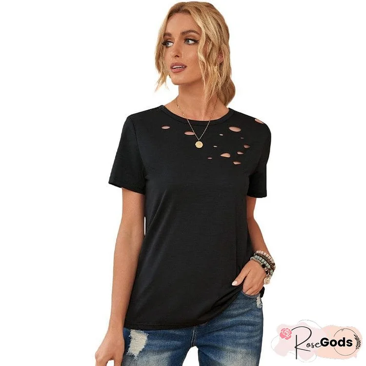 Ripped Solid Color Loose Fit Women'S T-Shirt With Short Sleeves And Round Neck