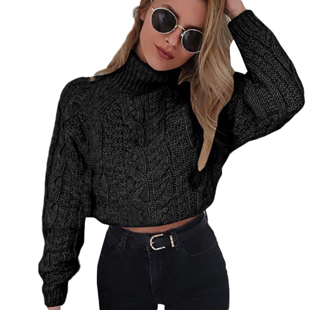 Women's Winter High collar sexy umbilical twist Casual Knitted Pullover Sweater