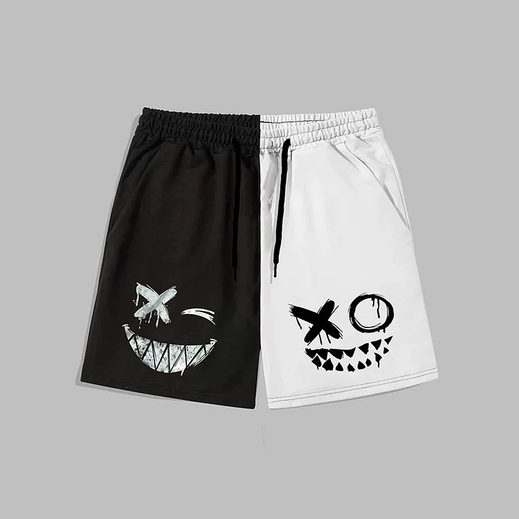 Street Color Matching Sports Drawstrings Shorts With Evil Face Print Shorts at Hiphopee