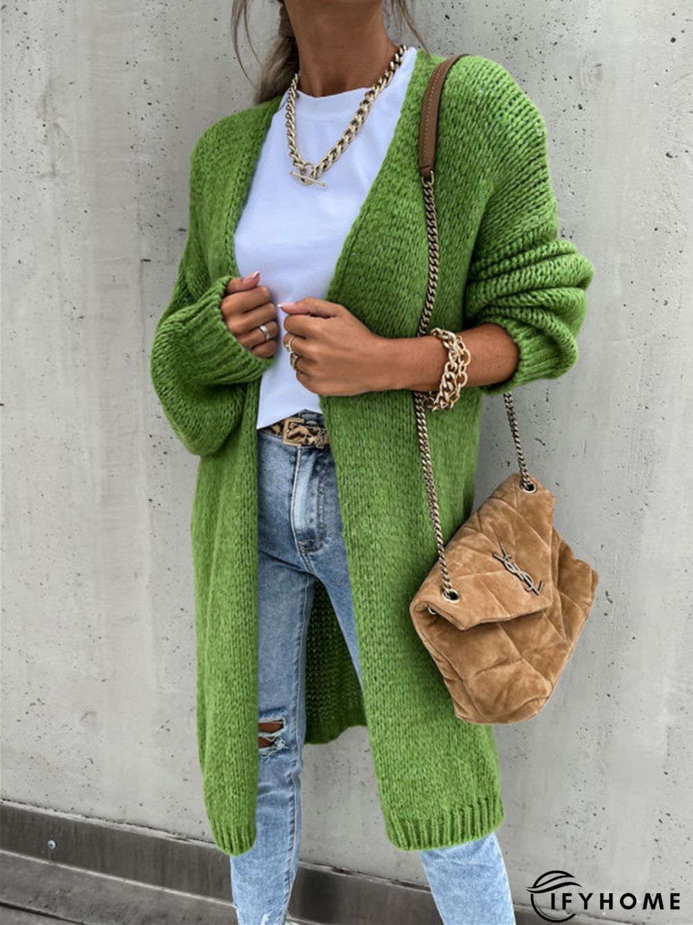 Casual Cotton-Blend Plain V Neck Off Shoulder Sleeve Cardigan | IFYHOME