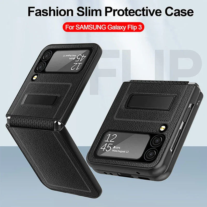 For Samsung Z Flip 3/4 Lychee Pattern Hinge Invisible Kickstand Phone Case
