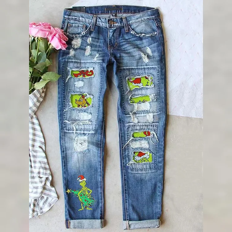 Women's Grinch Christmas Print Loose Jeans2