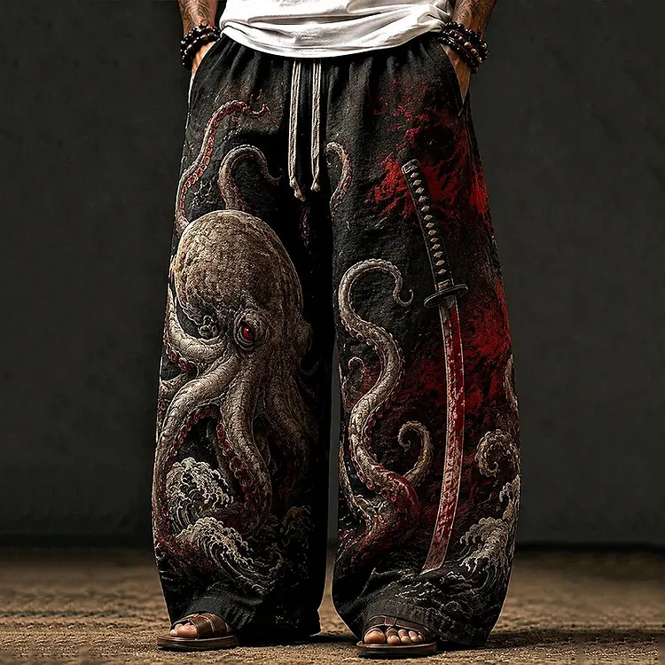 Men's Retro Japanese Octopus And Samurai Sword Pattern Casual Pants