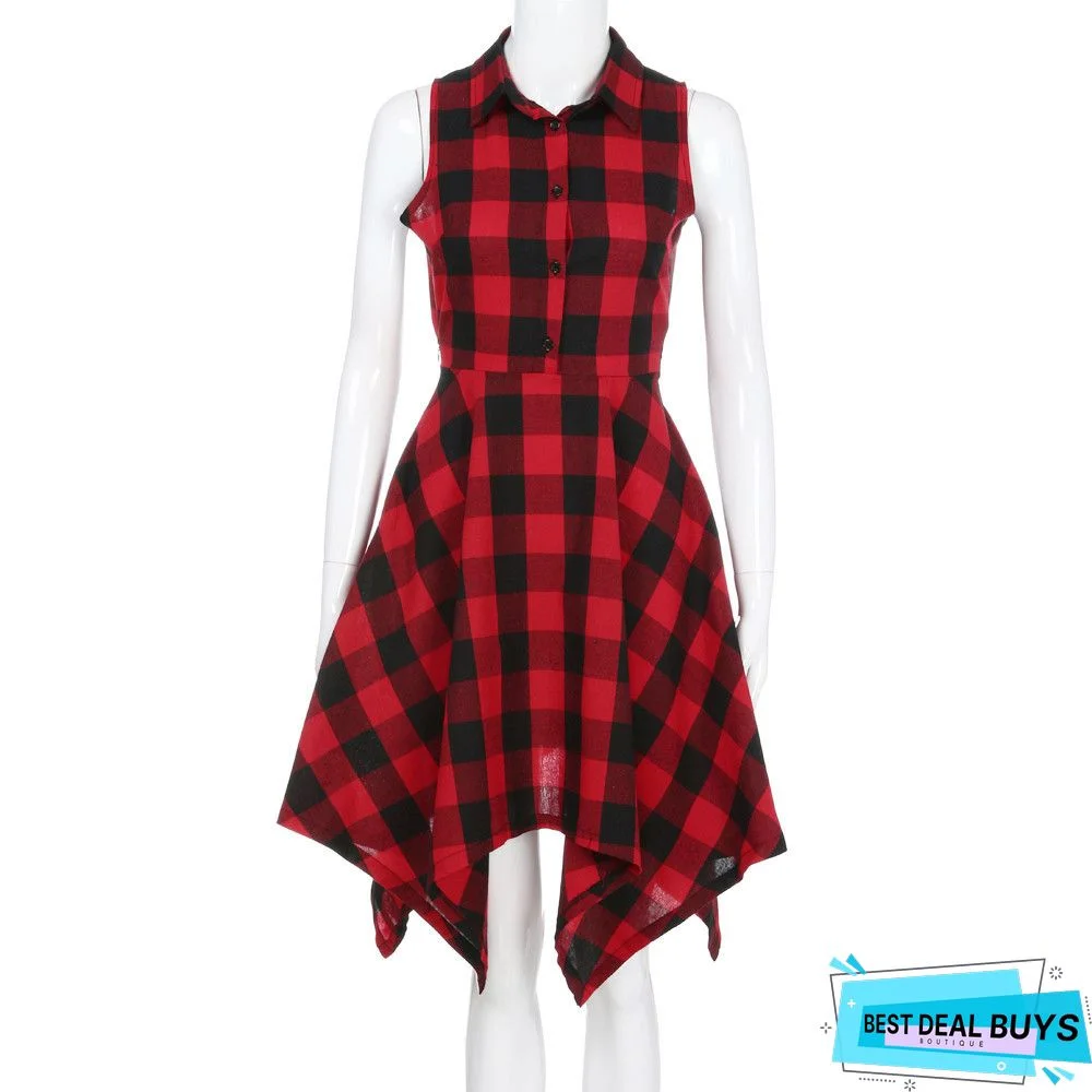 Women Black White Plaid Checks Dress Sleeveless Irregular Pleated Shirt Dress S