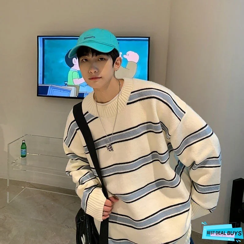 Striped Sweater Men Round Neck Winter Pullover Sweater Korean Fashion Harajuku Loose Wild Long Sleeve Sweater Oversize