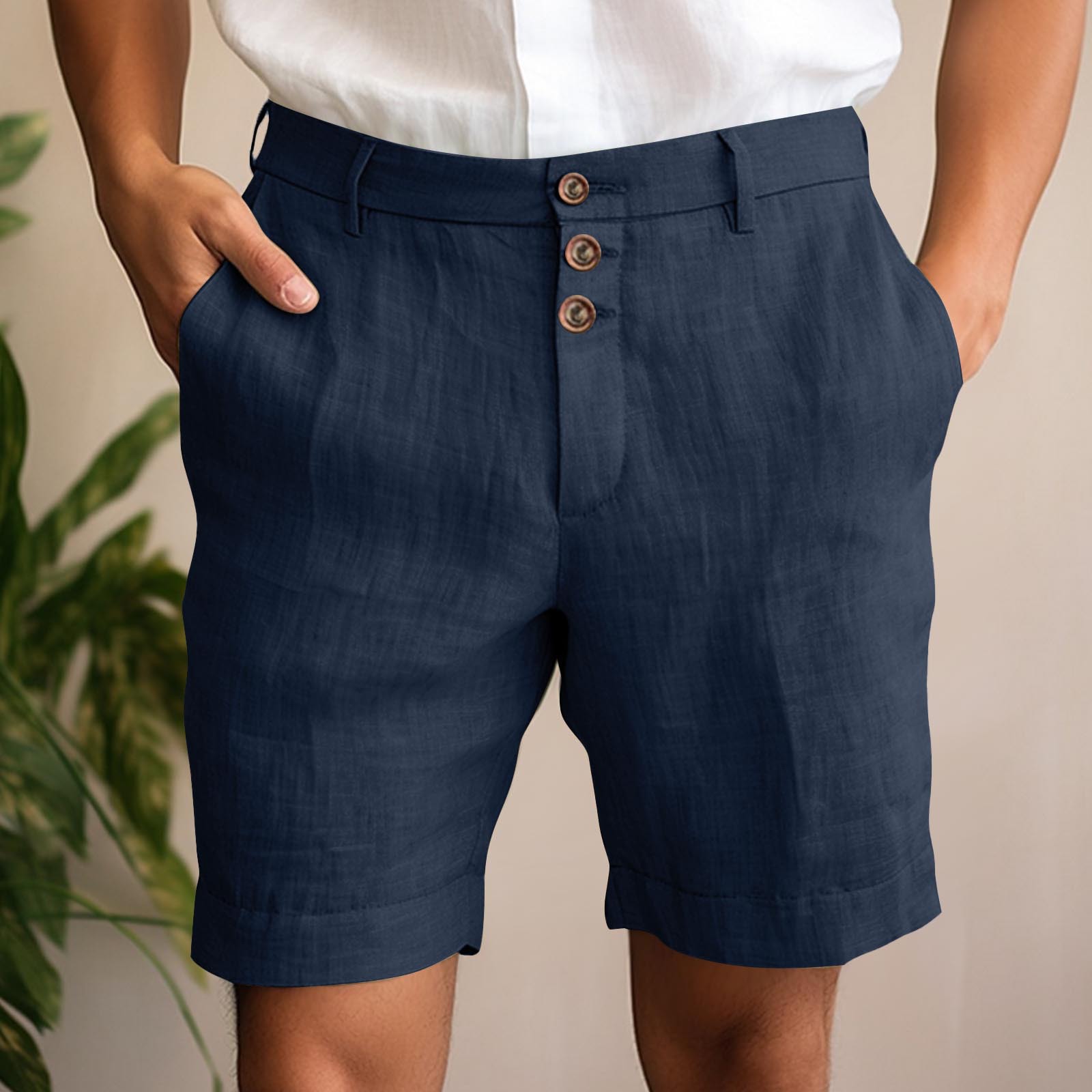 Men's daily casual cotton and linen solid color breathable five-point casual pants