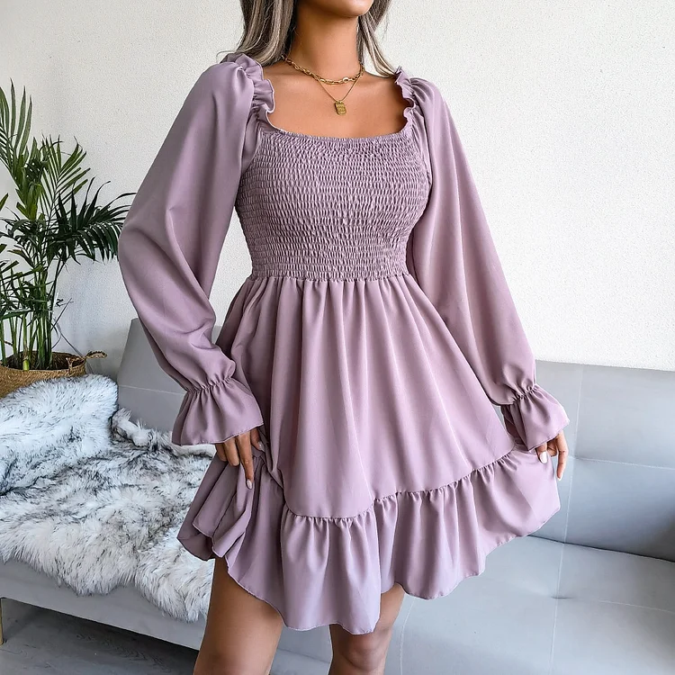 Trendy Long Sleeve Square Neck Solid Ruffle Bohemian Mini Dress
