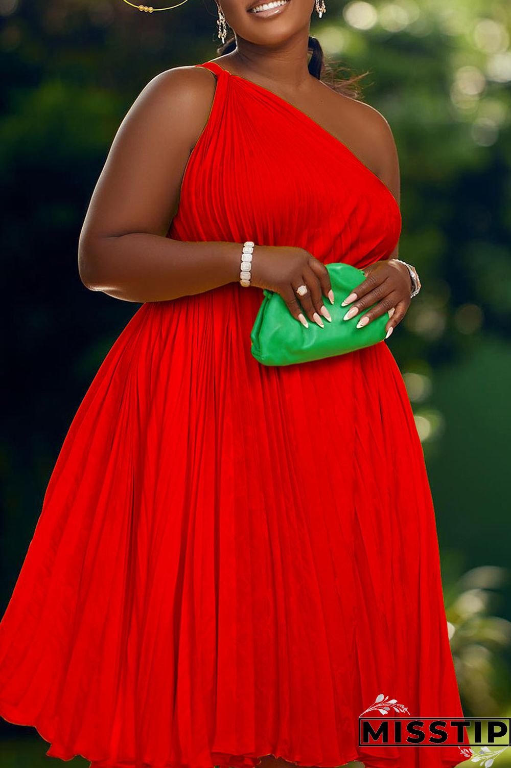 Red Casual Solid Patchwork Fold Oblique Collar A Line Dresses