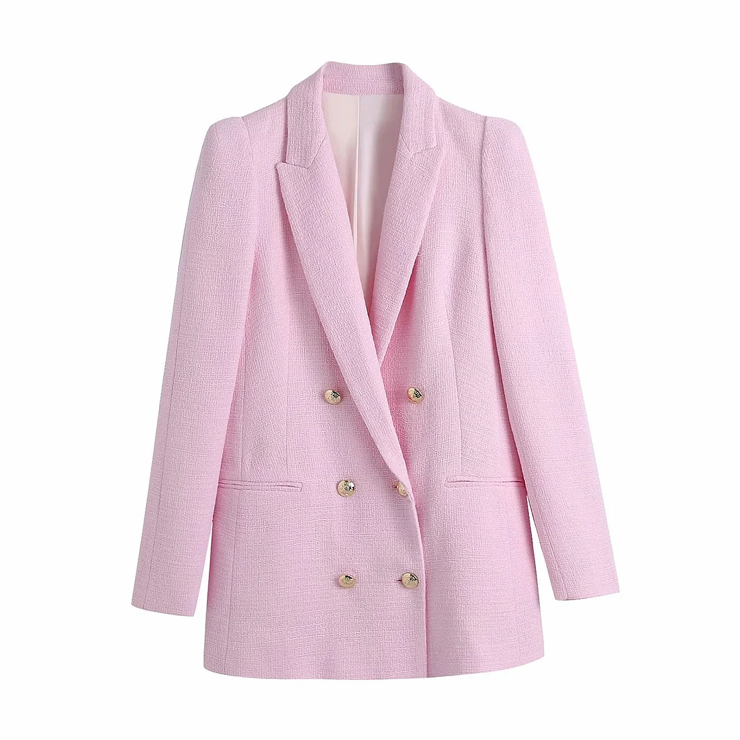 Stylish Tweed Pink Double Breasted Women Blazer Jacket Coat New Spring Autumn Office Lady Simple Chic Fashion Street Coat