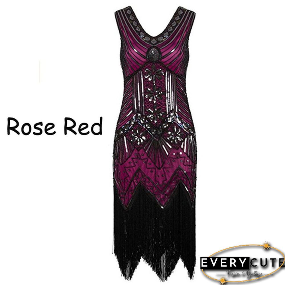 Vintage Dress Great Gatsby Dress 1920S Sequin Flapper Evening Dress Prom Tassel Hem Dress