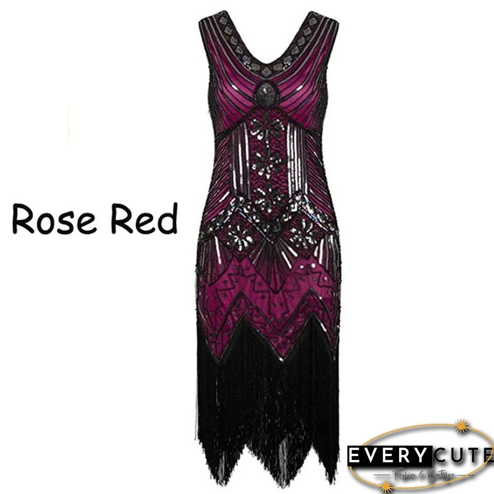 Vintage Dress Great Gatsby Dress 1920S Sequin Flapper Evening Dress Prom Tassel Hem Dress