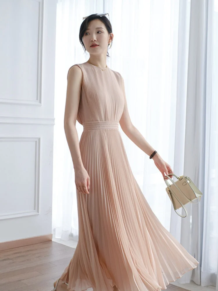 New Summer Dress Fashion Temperament Romantic Elegant Solid Color Gentle and Sweet Pleated Skirt High Waist Women&#39;s Vest Dress