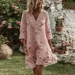 Women's Vintage Floral Art Print Flowy Linen Blend Casual Long Sleeve Mini Dress - Image 2