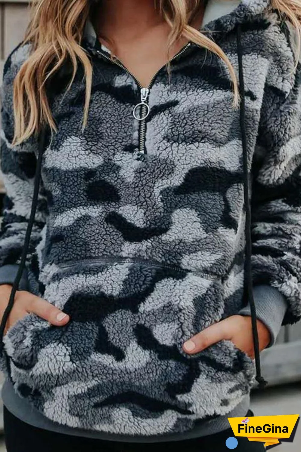 Half Zip Camo Sherpa Hooded Sweatshirt P12209