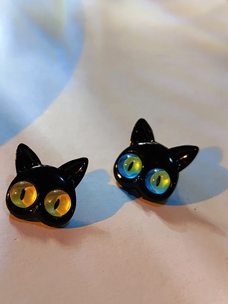 Blue And Yellow Pupil Black Cat Earrings