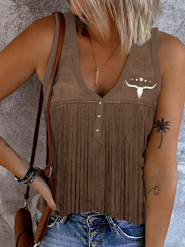 Comstylish Western Vintage Fringe Button Up Comfy Tank Top