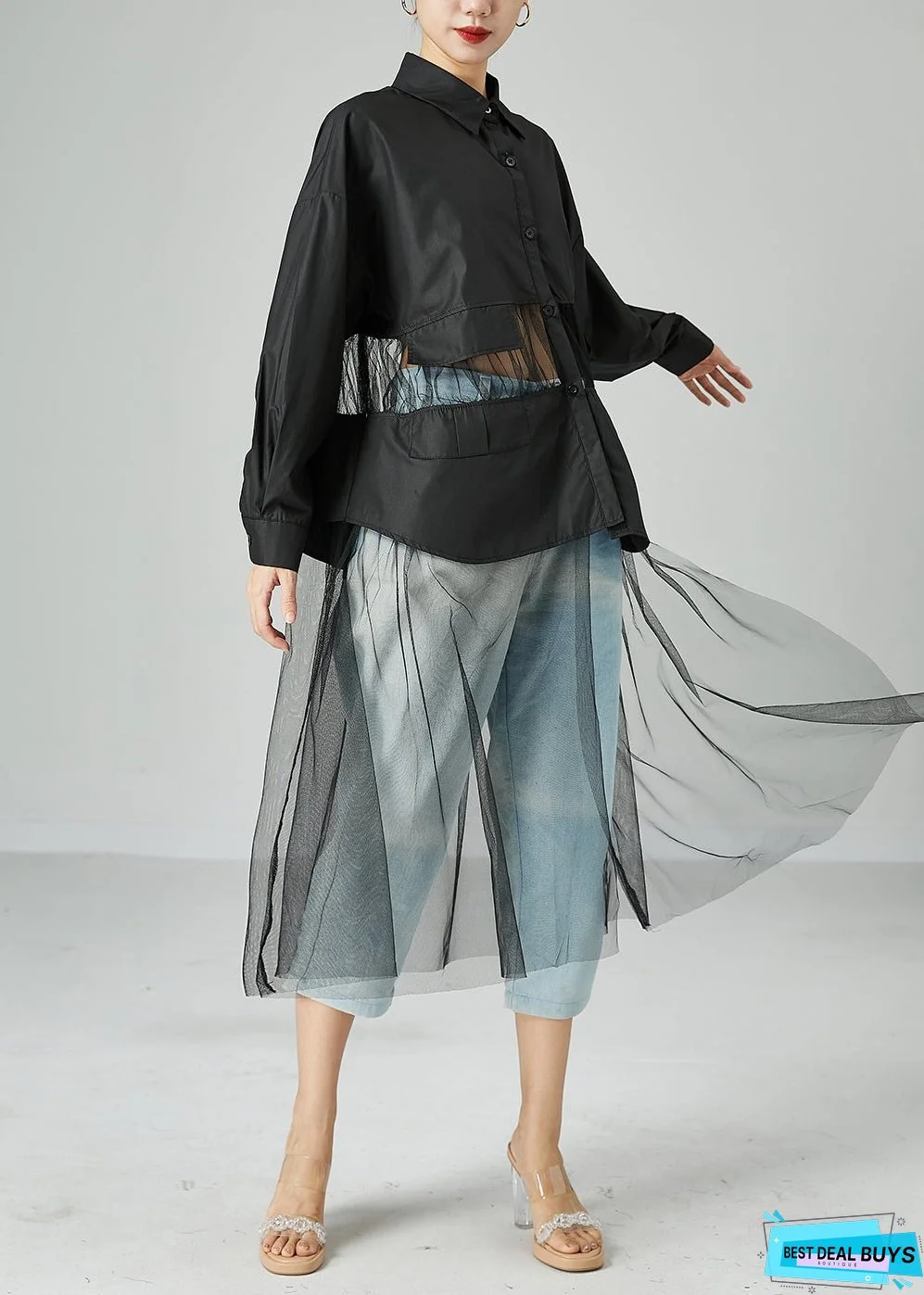 Women Black Oversized Tulle Patchwork Hollow Out Cotton Long Coat Summer