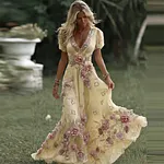 Women's Vintage Pink Rose Embroidered Art Pattern V-neck Short Sleeve Midi Dress - Image 5