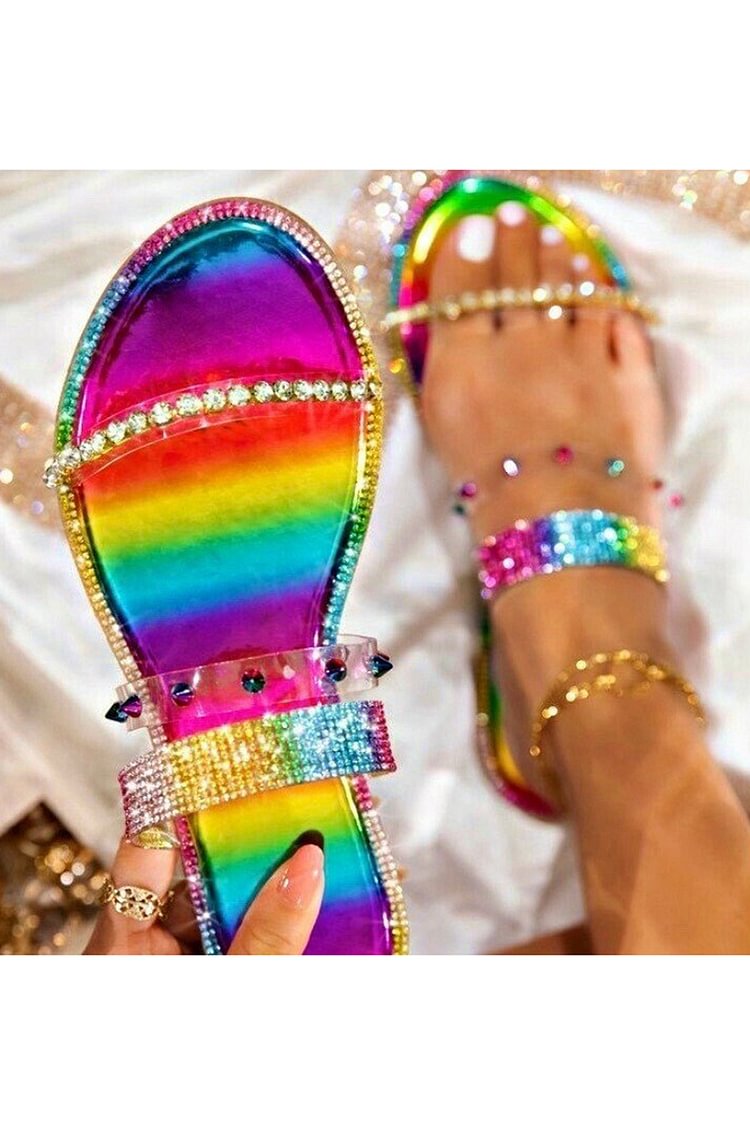 Summer Flat Sandals Rhinestone Rainbow Leisure Shoes