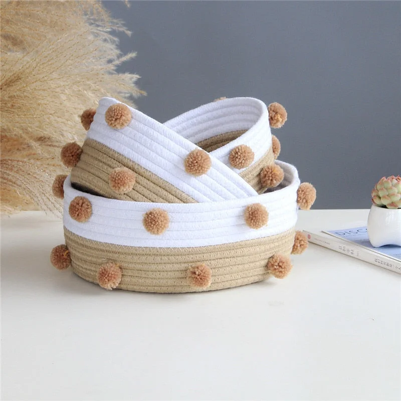 INS Nordic Cotton Rope Woven Storage Baskets Dirty Clothes Laundry Basket With Pompom Sundries Desktop Sundries Organizer Hamper