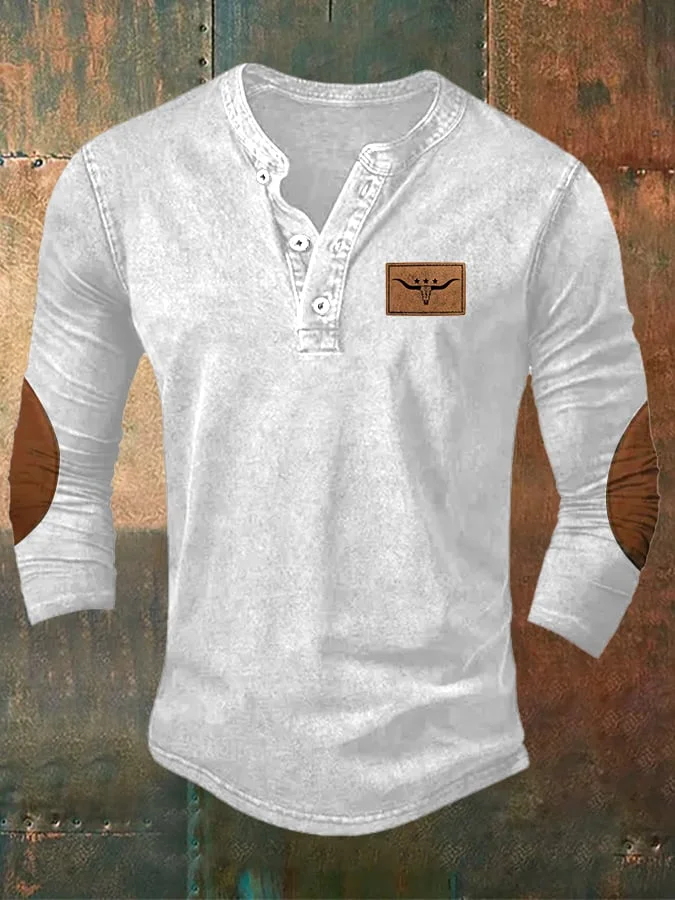 Men's Retro Western Bull Head Print Long Sleeve Top