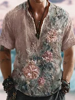 Vintage Gauze Cubic Floral Boho Style Men's Linen Short Sleeve Shirt