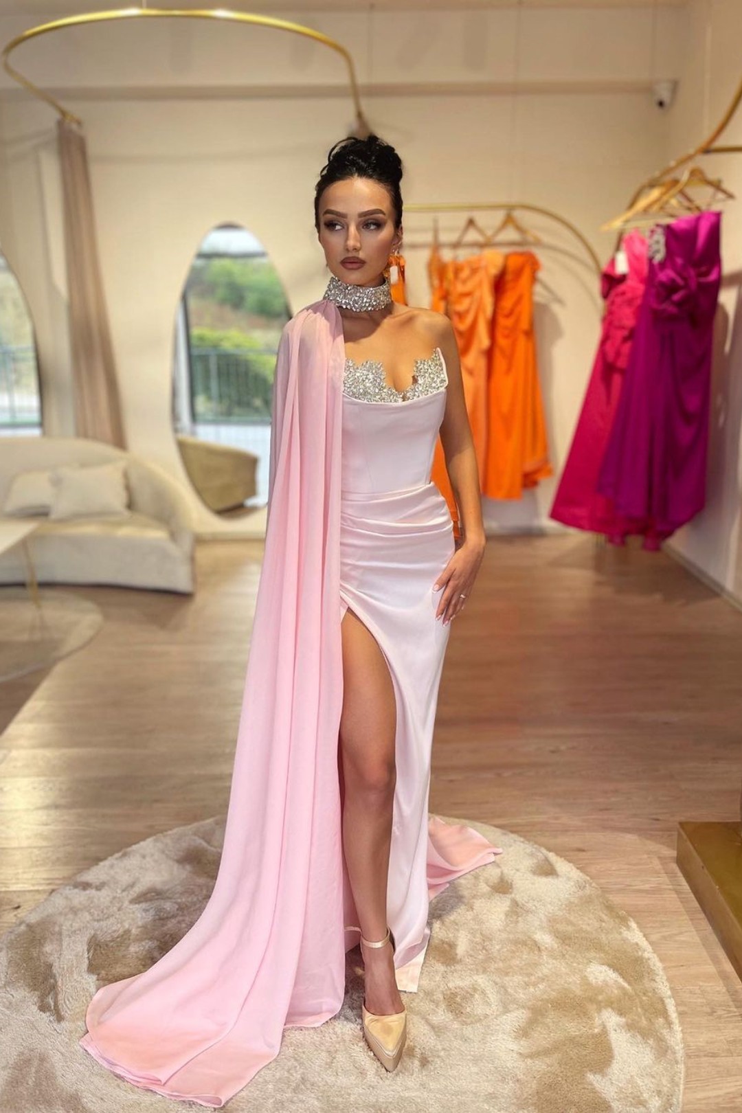 Pink Prom Dress With High Slit Sleeveless Halter Appliques | Risias