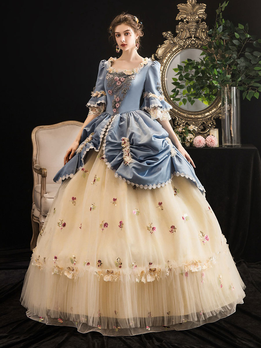 Victorian Costumes Medieval Dress Women Rococo Floral Print trumpet Sleeves Square Neck Marie Antoinette Masquerade Ball Gown Dress Novameme