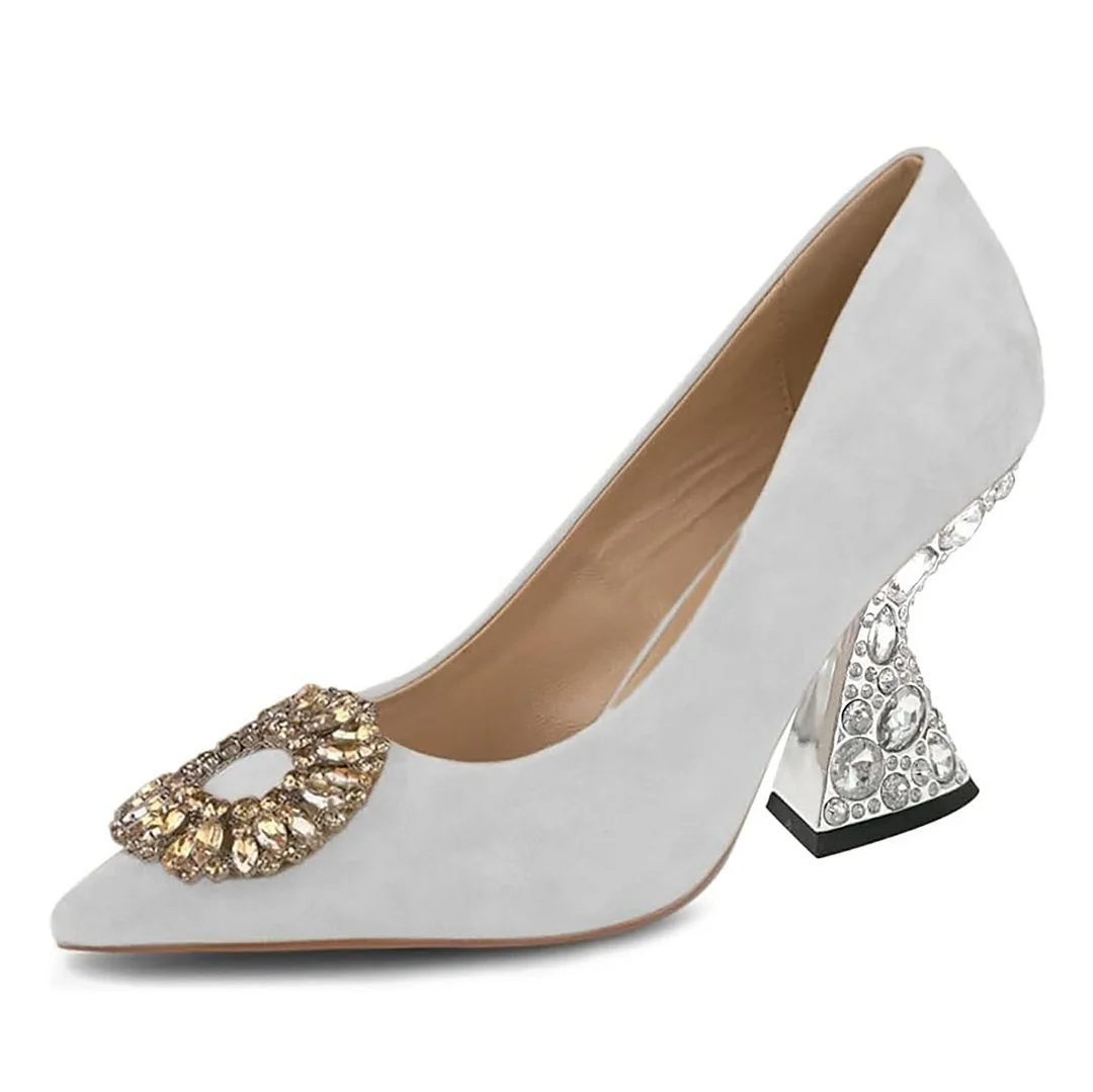 White Vegan Suede Rhinestone Decor Sculptural Heel Pumps Shoes