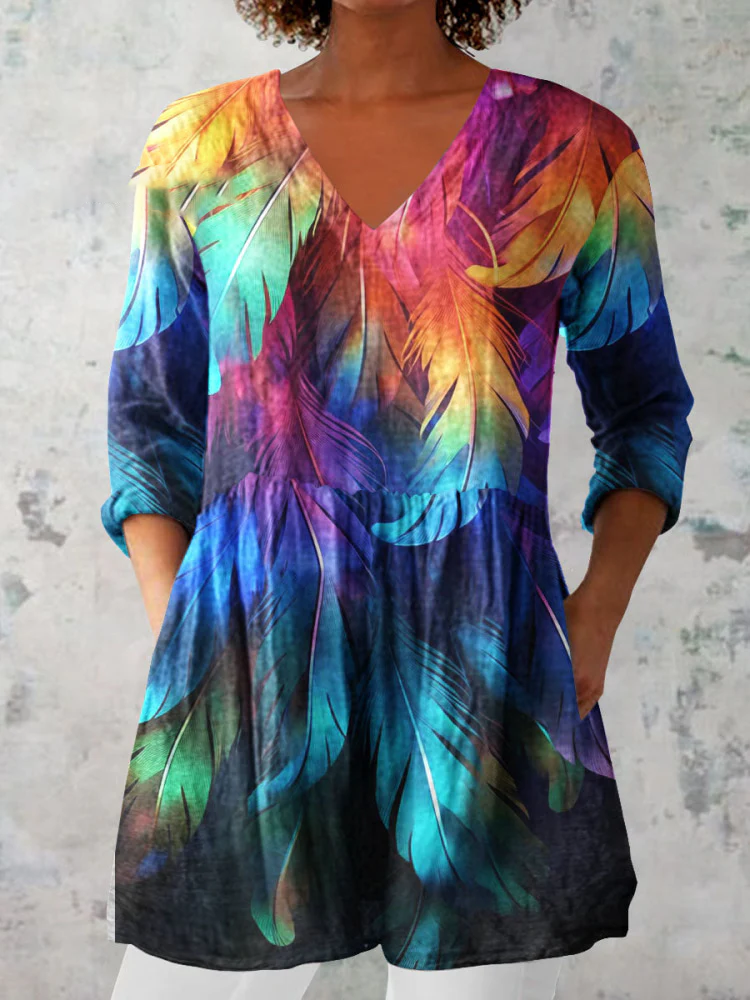 Womens Artistic Colorful Feathers Casual Linen V-Neck Shirt