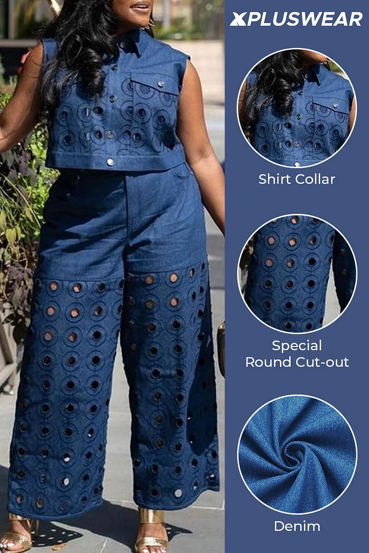 Plus Size Business Casual Blue Casual Shirt Collar Cut Out Pocket Two Piece Pant Sets [Pre-Order]